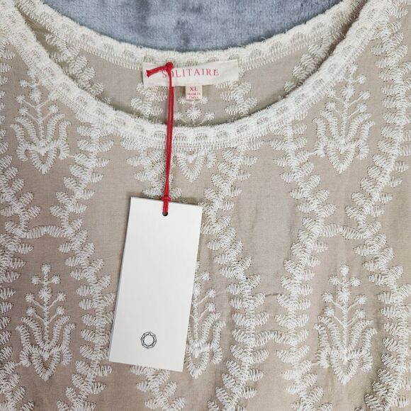 Solitaire Top Womens XL Beige Embroidered Scallop Short Sleeve Boho Western NEW - Picture 4 of 10